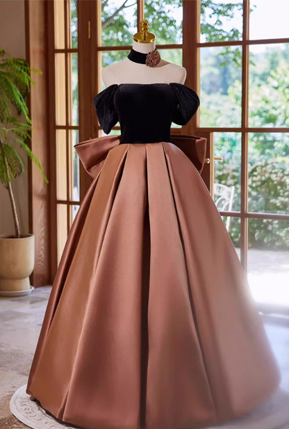 Luxury A-Line Off-Shoulder Sweet 16th Dresses Bow Velvet Satin Prom Dress AP5356