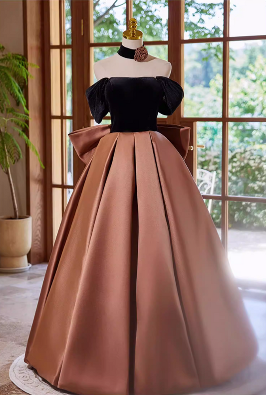 Luxury A-Line Off-Shoulder Sweet 16th Dresses Bow Velvet Satin Prom Dress AP5356