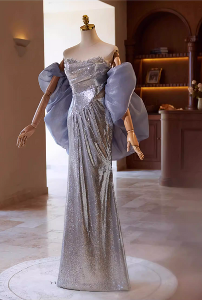 Graceful Strapless Evening Mermaid Dress With Shawl Sequins Beads Prom Dress AP5357