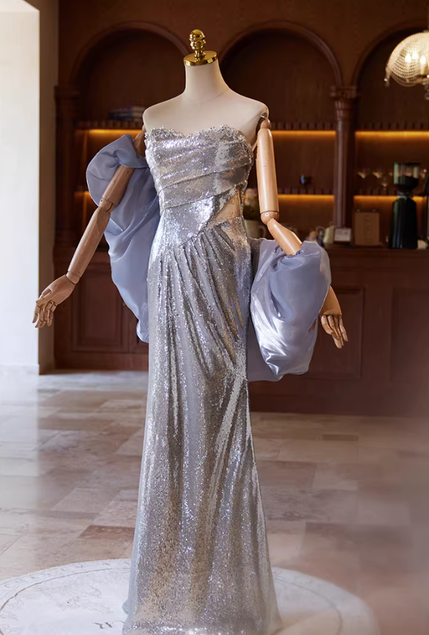 Graceful Strapless Evening Mermaid Dress With Shawl Sequins Beads Prom Dress AP5357