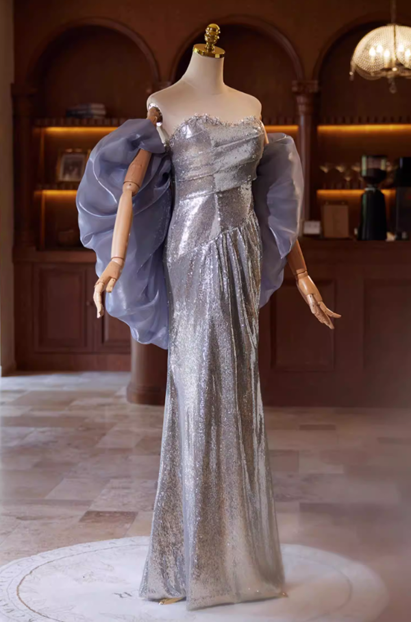 Graceful Strapless Evening Mermaid Dress With Shawl Sequins Beads Prom Dress AP5357