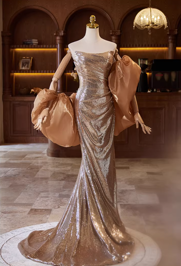 Elegant Strapless Evening Mermaid Dress With Shawl Sequins Prom Dress AP5358