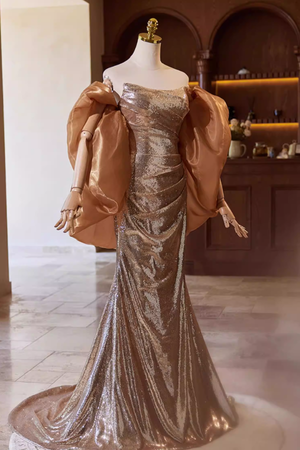 Elegant Strapless Evening Mermaid Dress With Shawl Sequins Prom Dress AP5358
