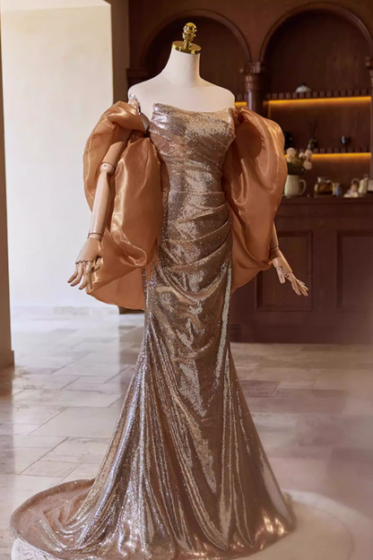 Elegant Strapless Evening Mermaid Dress With Shawl Sequins Prom Dress AP5358