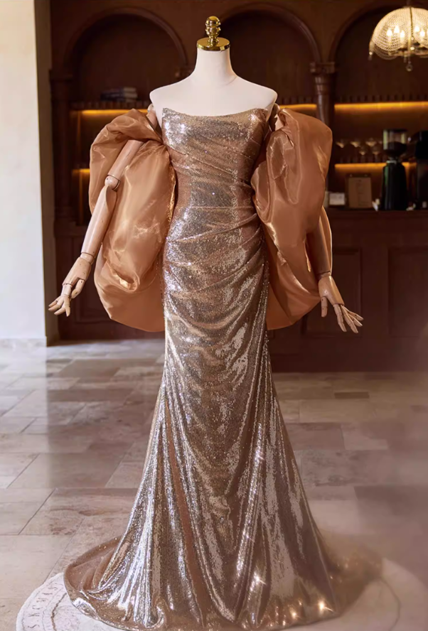 Elegant Strapless Evening Mermaid Dress With Shawl Sequins Prom Dress AP5358