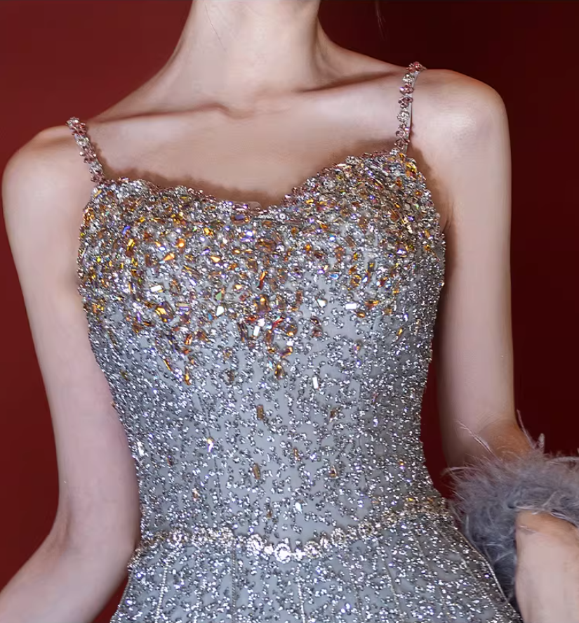 Fantastic Spaghetti Straps Mermaid Evening Dresses Beading Sequins Tassel Prom Dress AP5360