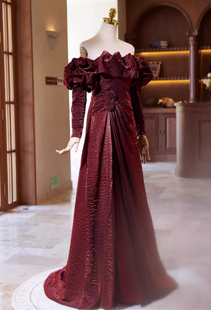 Classical Ruffled Off-Shoulder A-Line Long Sleeve Sweet 16th Dresses 3D Handmade Flowers High-Slit Prom Dress AP5359
