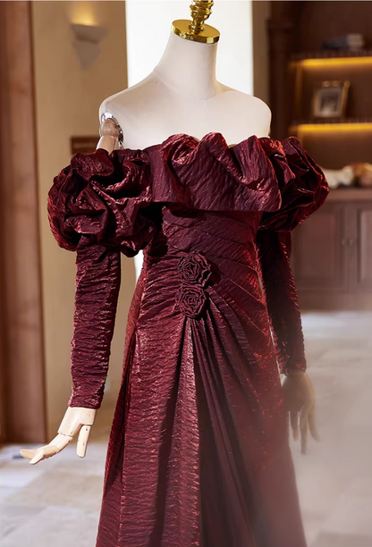 Classical Ruffled Off-Shoulder A-Line Long Sleeve Sweet 16th Dresses 3D Handmade Flowers High-Slit Prom Dress AP5359