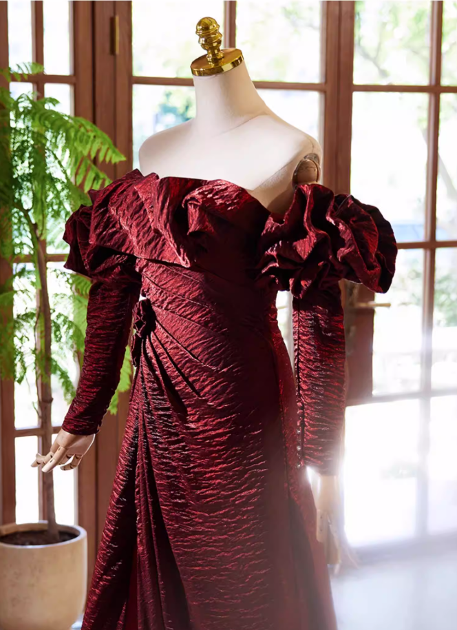 Classical Ruffled Off-Shoulder A-Line Long Sleeve Sweet 16th Dresses 3D Handmade Flowers High-Slit Prom Dress AP5359