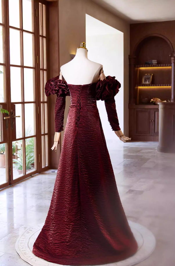 Classical Ruffled Off-Shoulder A-Line Long Sleeve Sweet 16th Dresses 3D Handmade Flowers High-Slit Prom Dress AP5359