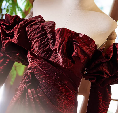 Classical Ruffled Off-Shoulder A-Line Long Sleeve Sweet 16th Dresses 3D Handmade Flowers High-Slit Prom Dress AP5359