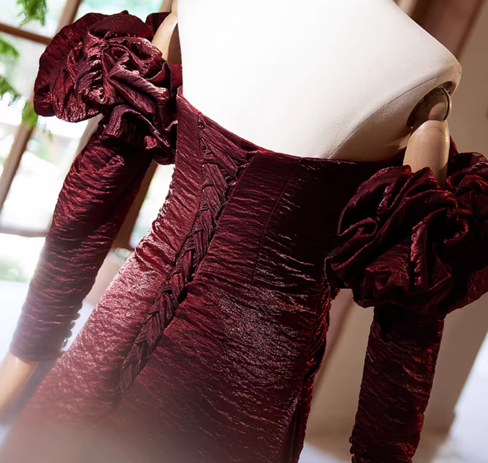 Classical Ruffled Off-Shoulder A-Line Long Sleeve Sweet 16th Dresses 3D Handmade Flowers High-Slit Prom Dress AP5359
