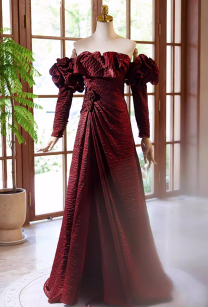 Classical Ruffled Off-Shoulder A-Line Long Sleeve Sweet 16th Dresses 3D Handmade Flowers High-Slit Prom Dress AP5359