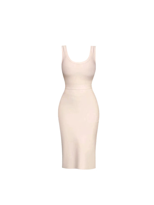 Sweet Fitted Waist Flexible Spaghetti Straps Midi Dress Classical Nude Sleeveless Scoop Neck Sheath Long Dress AP5361