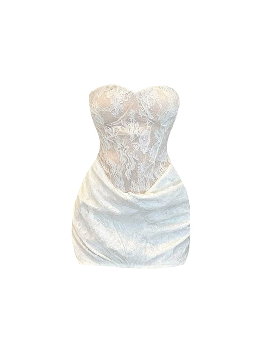Cute Strapless White Lace Corset Bodycon Mini Skirt Charming Sheer Floral Bodice Draped Short Dress AP5362