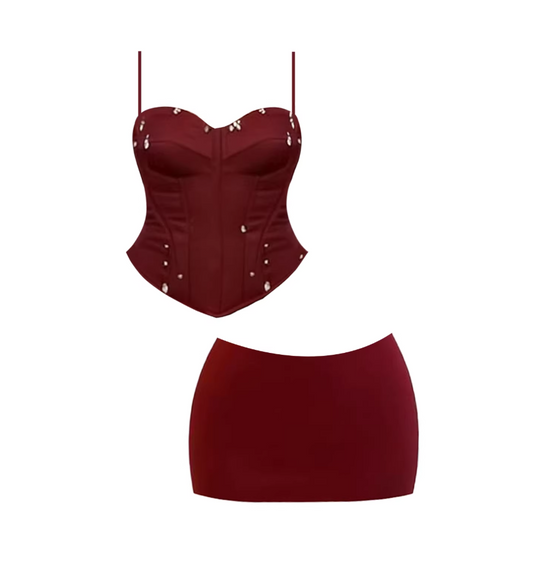 Vintage Spaghetti Strap Corset Burgundy Mini Skirt Glamorous Beading Two-Piece Outfit Bodycon Short Dress AP5363