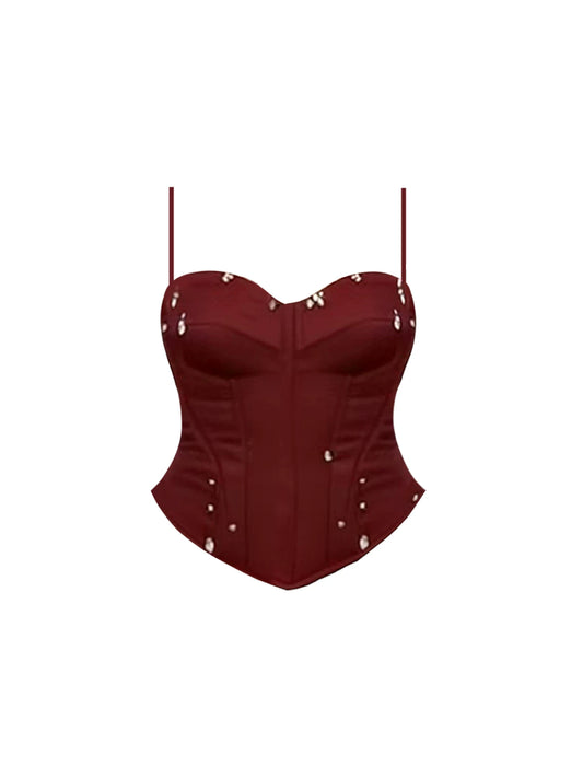 Vintage Spaghetti Strap Corset Burgundy Mini Skirt Glamorous Beading Two-Piece Outfit Bodycon Short Dress AP5363