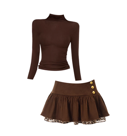Artistic High Collar Top Gold Buttons 2-Piece Leopard Lining Ruffled Mini Skirt Vintage Chocolate Brown Long-Sleeve A-Line Short Dress AP5364