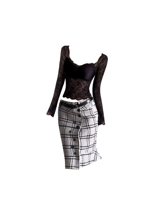 Sheen Lace Long-Sleeve Top 2-Piece Midi Dress Trendy Black & White V Neck Plaid Split Long Dress AP5366