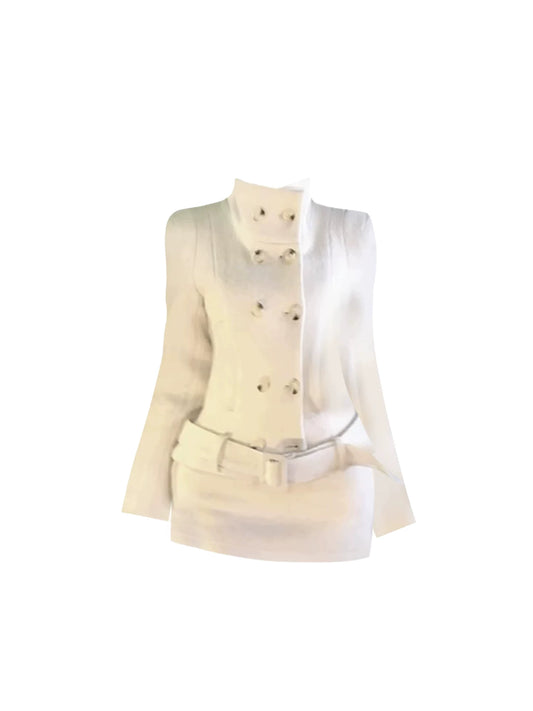 Glamorous Cream Double-Breasted Blazer Bodycon Mini Skirt Fashion 2-Piece High Collar Long-Sleeve Wide Belt Detail Short Dress AP5370