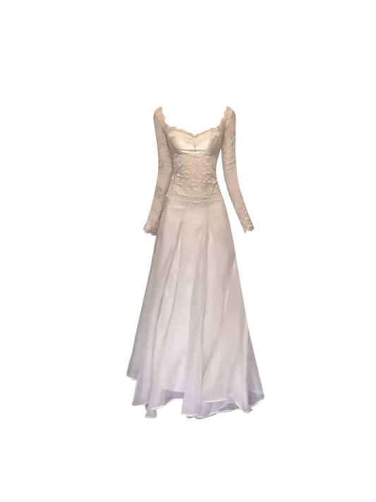 Stunning Square Neck Lace Bodice A-Line 2-Piece Set Maxi Dress Trendy Light Champagne Sheer Long Sleeve Flowy Long Dress AP5372