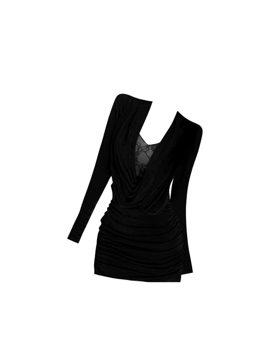 Novelty Black Long-Sleeve Deep V Neck Bodycon Mini Skirt Chic Cross-Front Lace Underlayer Short Dress AP5373