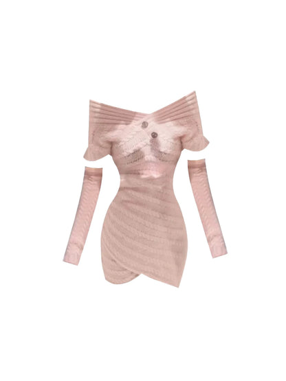 Unique Detachable Long Sleeves Ribbed Texture Bodycon Mini Skirt Sweet Light Pink Off-Shoulder Knitted Short Dress AP5374