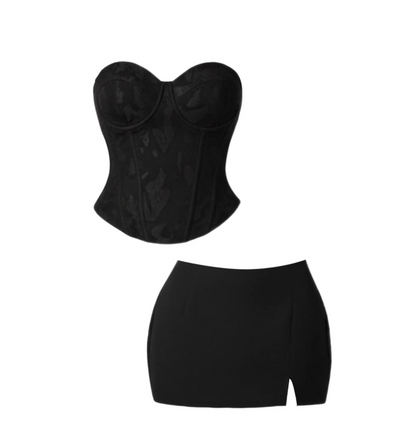 Vibrant Strapless Sweetheart Neck Corset Top Bodycon Mini Skirt Black Date Nights Side Slit Short Dress AP5375