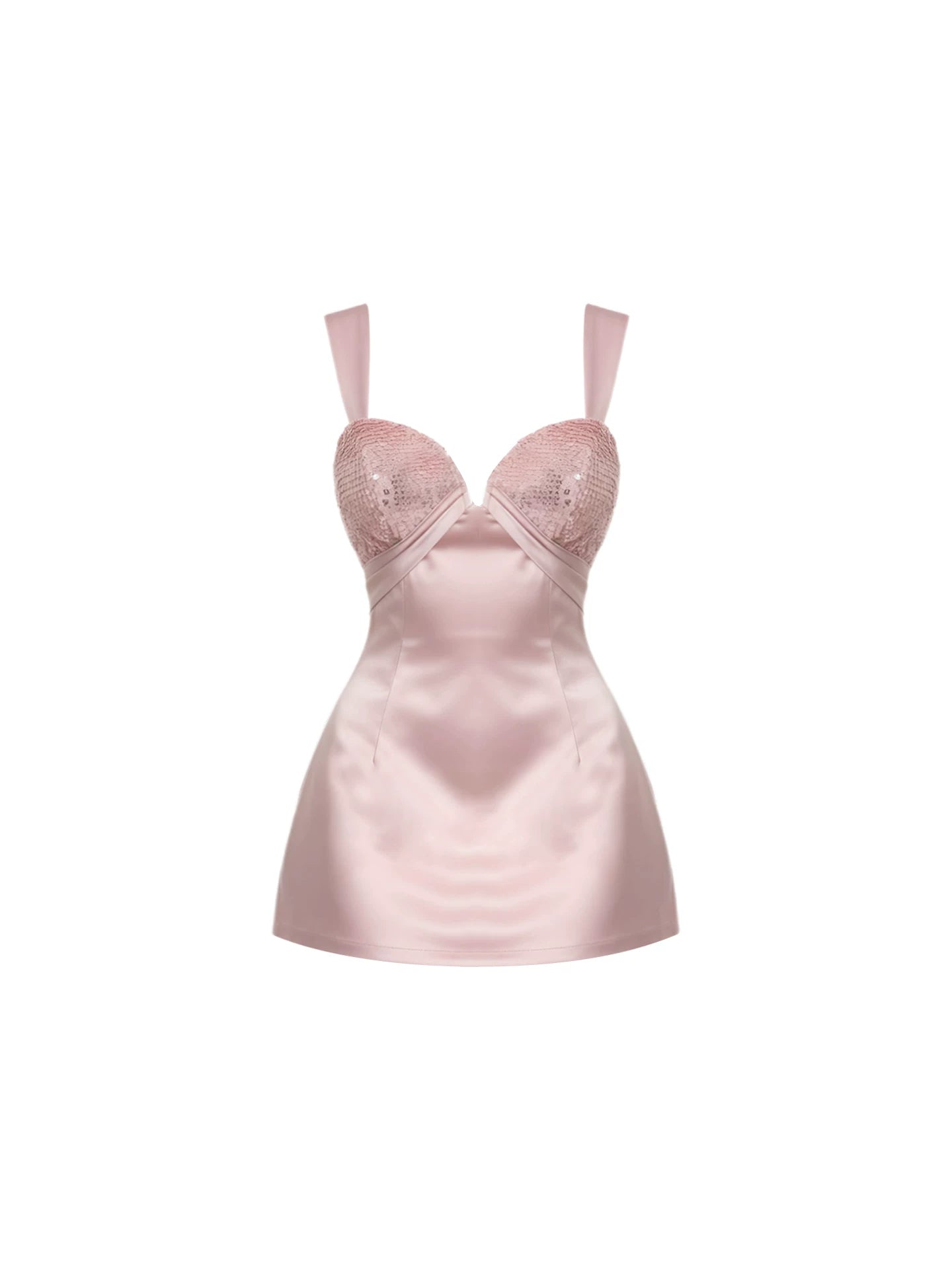 Fashionable Plunge Neckline Wide Strap Mini Skirt Glamorous Pink Sequin Bust Satin A-Line Short Dress AP5376