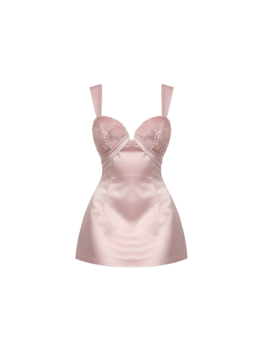 Fashionable Plunge Neckline Wide Strap Mini Skirt Glamorous Pink Sequin Bust Satin A-Line Short Dress AP5376