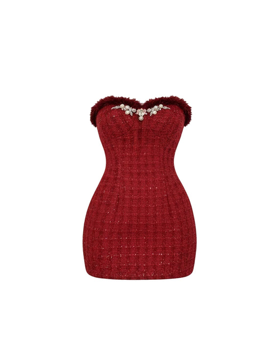 French Style Furry Trim Pearl Rhinestone Accent Bodycon Mini Skirt Classical Burgundy Strapless Sweetheart Neck Short Dress AP5377