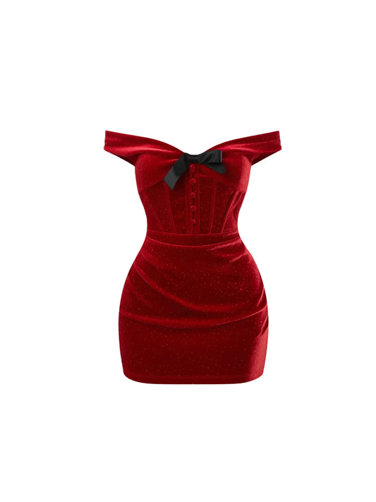 Minimalist Off-Shoulder Neckline Black Bow Mini Skirt Sexy Burgundy Velvet Bodycon Short Dress AP5378