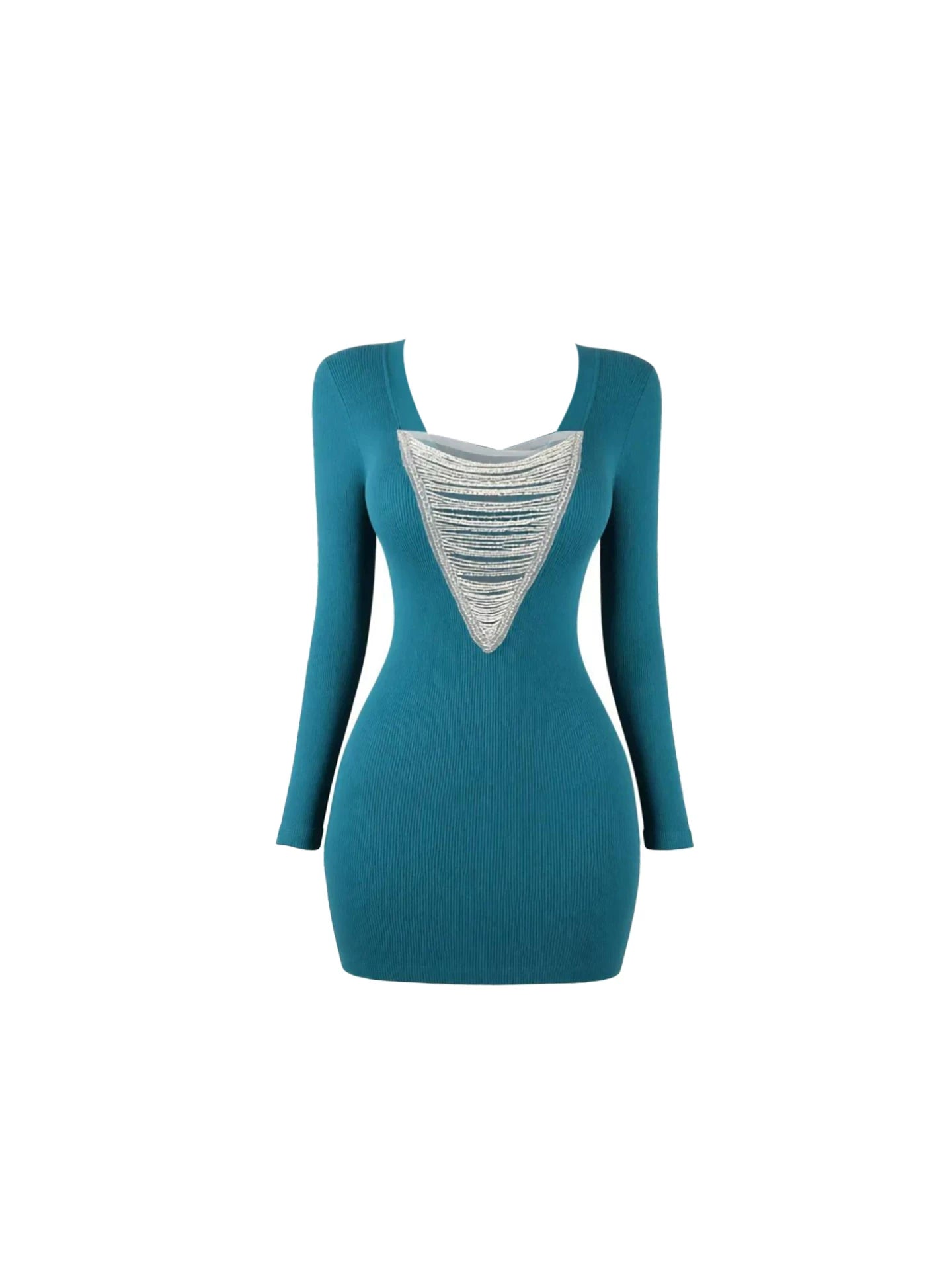 Simple Plunging Neckline Layered Silver Chain Detailing Bodycon Mini Skirt Bold Teal Ribbed Long Sleeve Short Dress AP5379