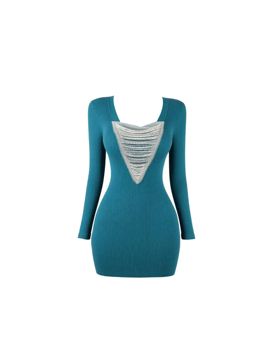 Simple Plunging Neckline Layered Silver Chain Detailing Bodycon Mini Skirt Bold Teal Ribbed Long Sleeve Short Dress AP5379