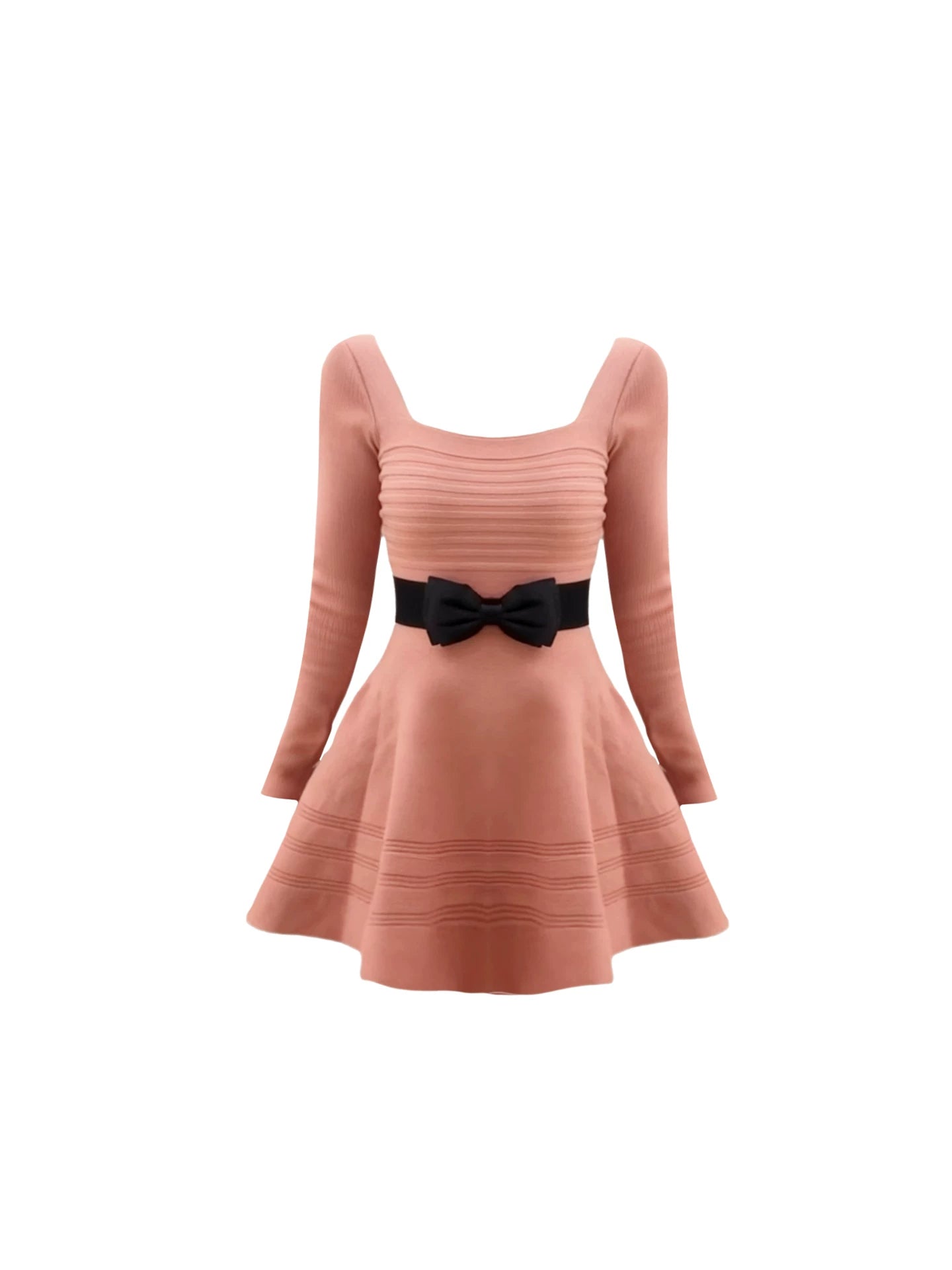 Charming Ribbed Knit Flared A-Line Black Bow Waist Belt Mini Skirt Chic Blush Pink Square Neck Long-Sleeve Short Dress AP5380