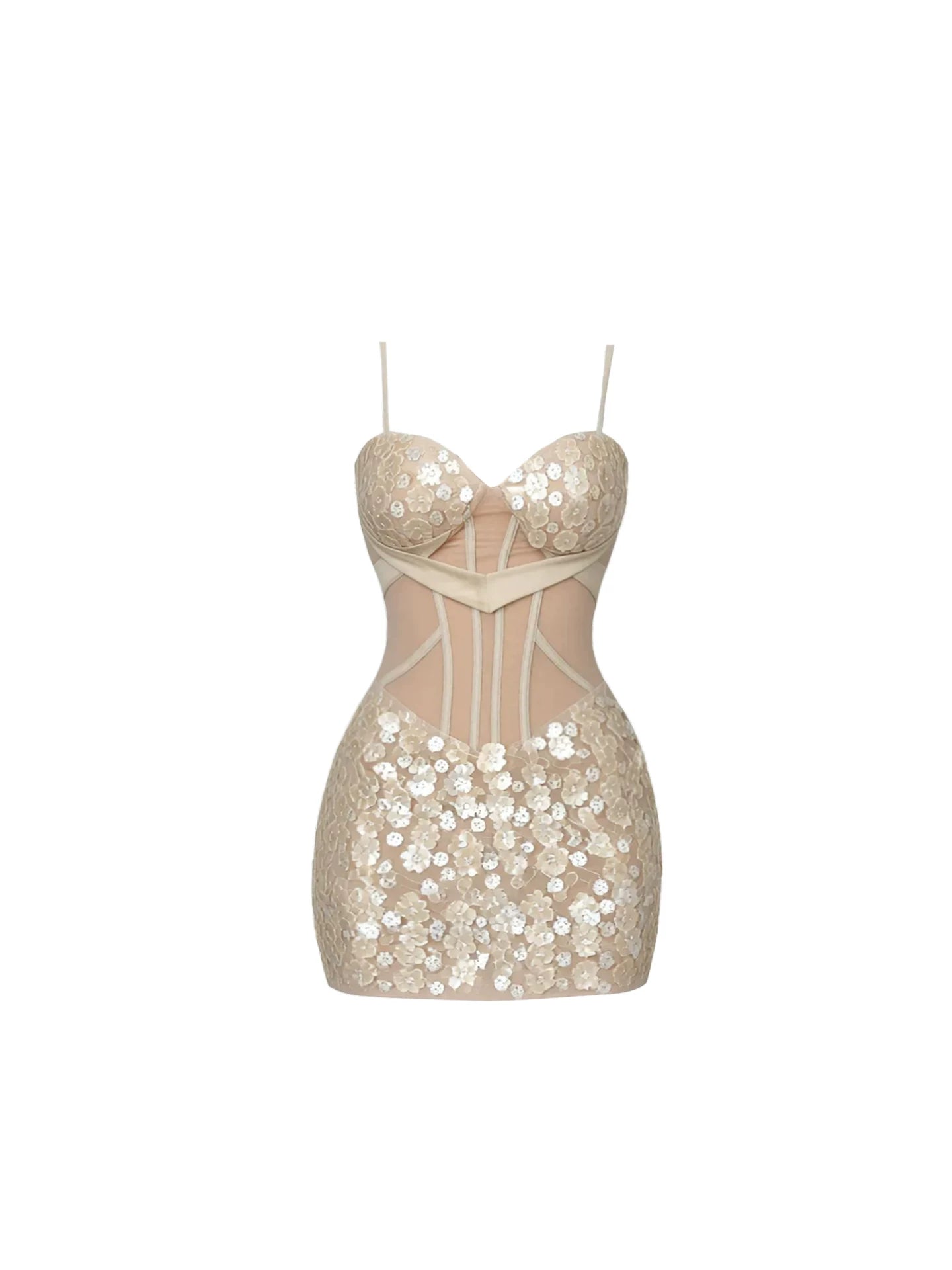 Dopamine Style Bodycon Corset Fit Sheer Mesh 3D Floral Sequin Mini Skirt Glamorous Champagne Spaghetti Strap Short Dress AP5381