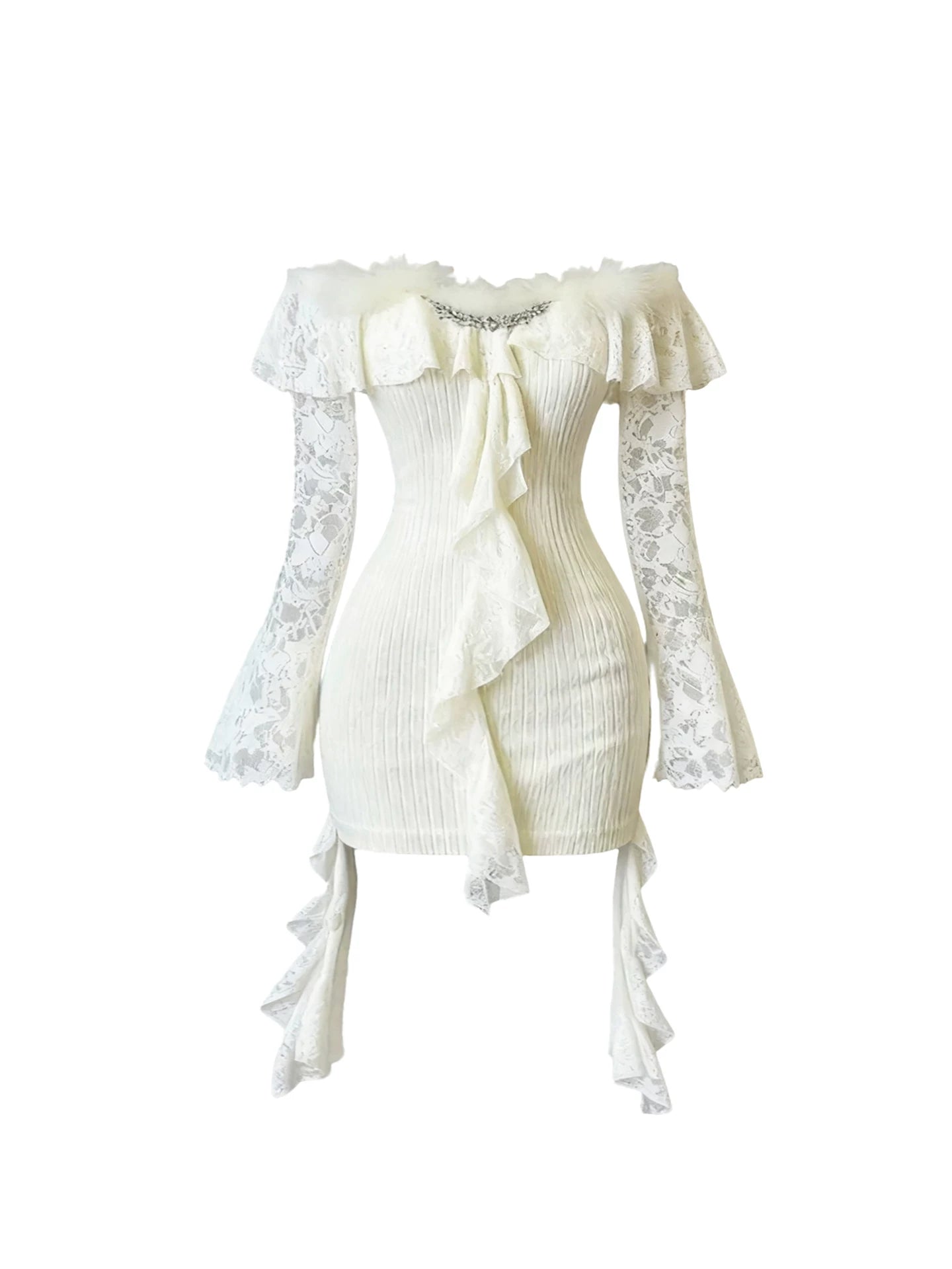 Sparkly Rhinestone Accent White Faux Fur Mini Skirt Elegant Off-Shoulder Lace Bodycon Short Dress AP4382