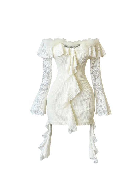 Sparkly Rhinestone Accent White Faux Fur Mini Skirt Elegant Off-Shoulder Lace Bodycon Short Dress AP4382