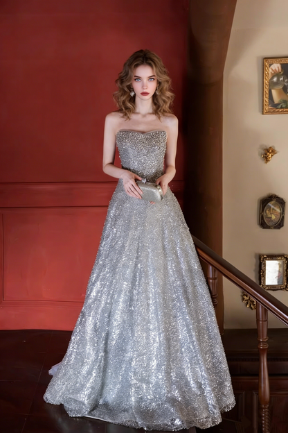 Bling Strapless Beading Sweet 16th Dresses A-Line Sequins Prom Dress AP5383
