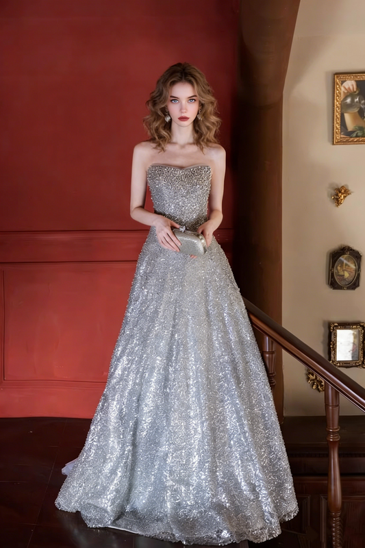 Bling Strapless Beading Sweet 16th Dresses A-Line Sequins Prom Dress AP5383