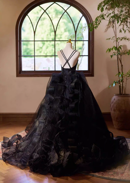 Gothic-Style A-Line Spaghetti Strap Black Tulle Evening Gowns Sequins Appliques Prom Dress AP5385