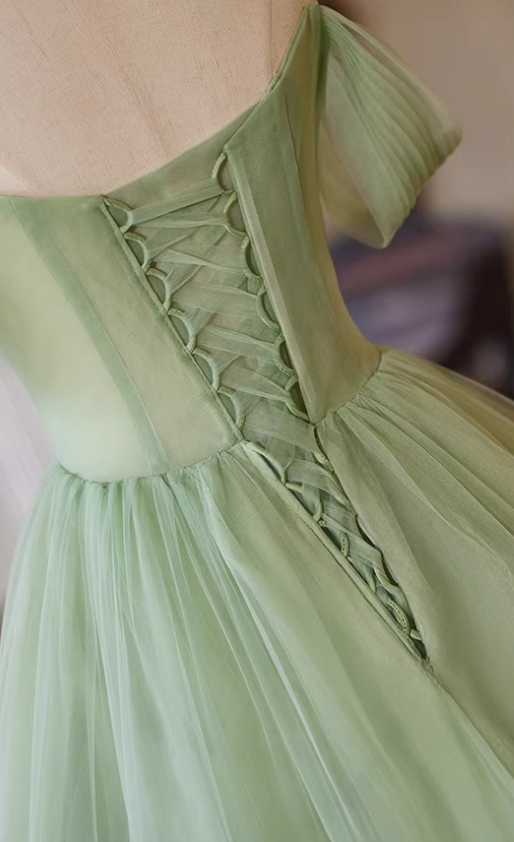 Playful Off-Shoulder A-Line Pleated Tulle Sweet 16th Dresses Green Prom Dress AP5386