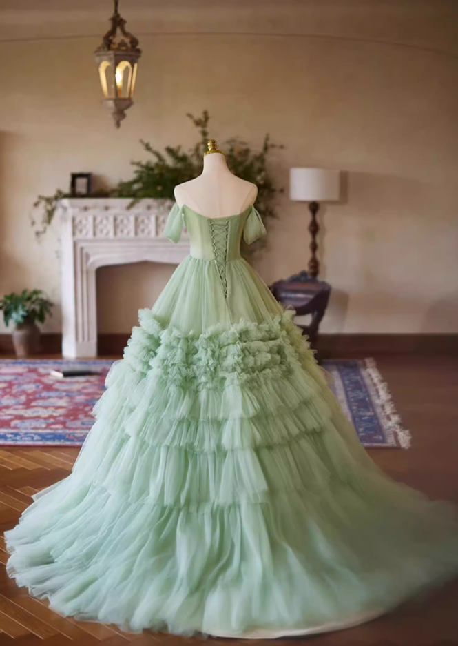 Playful Off-Shoulder A-Line Pleated Tulle Sweet 16th Dresses Green Prom Dress AP5386