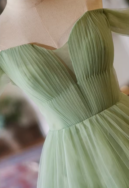 Playful Off-Shoulder A-Line Pleated Tulle Sweet 16th Dresses Green Prom Dress AP5386