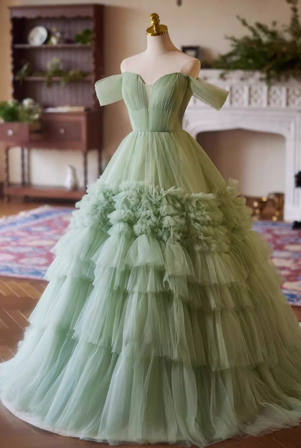 Playful Off-Shoulder A-Line Pleated Tulle Sweet 16th Dresses Green Prom Dress AP5386