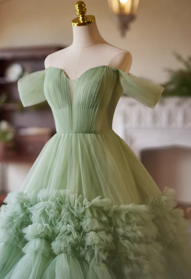 Playful Off-Shoulder A-Line Pleated Tulle Sweet 16th Dresses Green Prom Dress AP5386