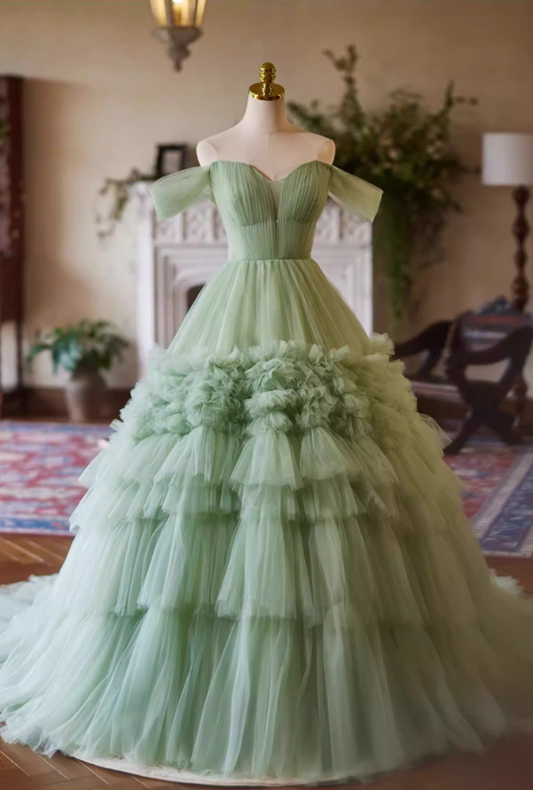 Playful Off-Shoulder A-Line Pleated Tulle Sweet 16th Dresses Green Prom Dress AP5386