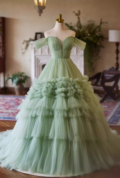 Playful Off-Shoulder A-Line Pleated Tulle Sweet 16th Dresses Green Prom Dress AP5386