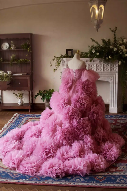 Stylish Off-Shoulder A-Line Ruffled Tulle Sweet 16th Dresses Handmade Flowers Prom Dress AP5387