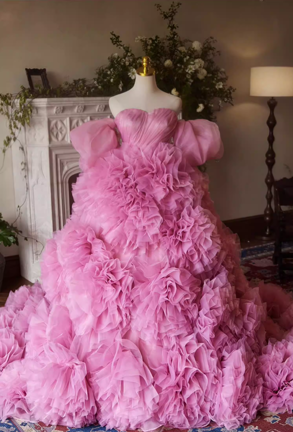 Stylish Off-Shoulder A-Line Ruffled Tulle Sweet 16th Dresses Handmade Flowers Prom Dress AP5387
